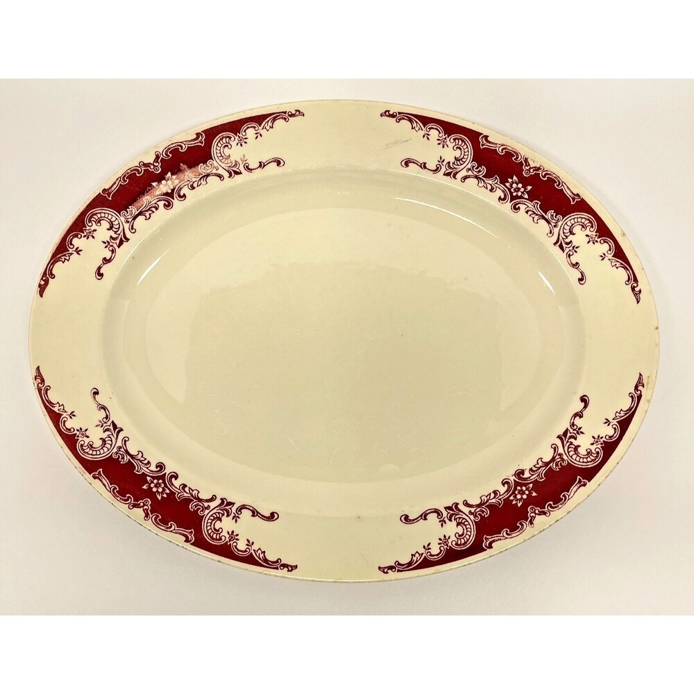Vintage 1939 Homer Laughlin Morocco Platter 13.5" Red Maroon Scroll HLC1081-Read